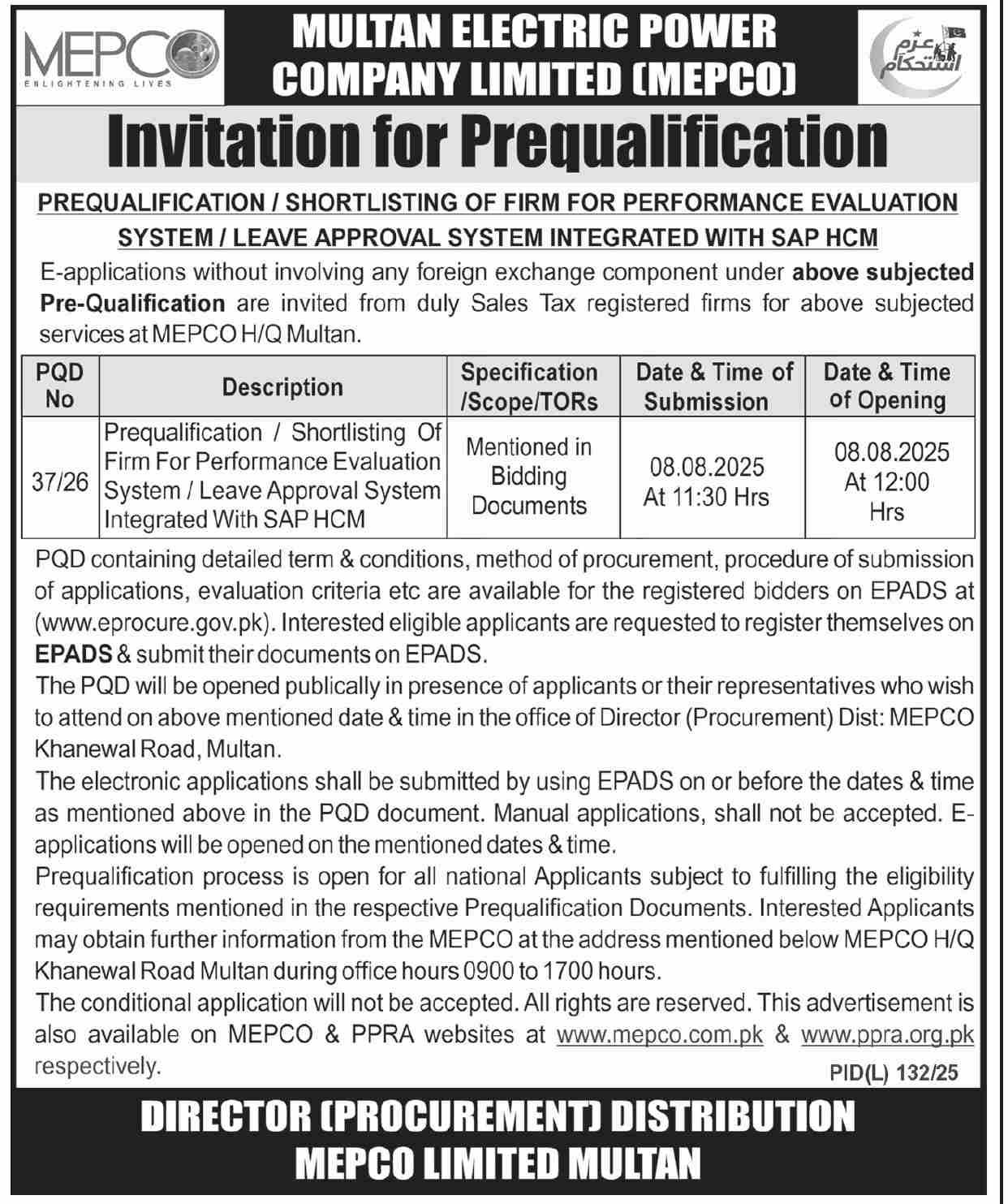 Multan Electric Power Company Limited Multan Tender Notice